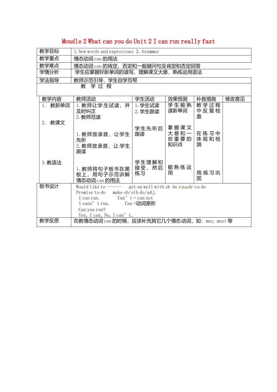 七年级英语下册Moudle+2+What+can+you+do+Unit+2+I+can+run+really+fast教案2（新外研版）.doc_第1页