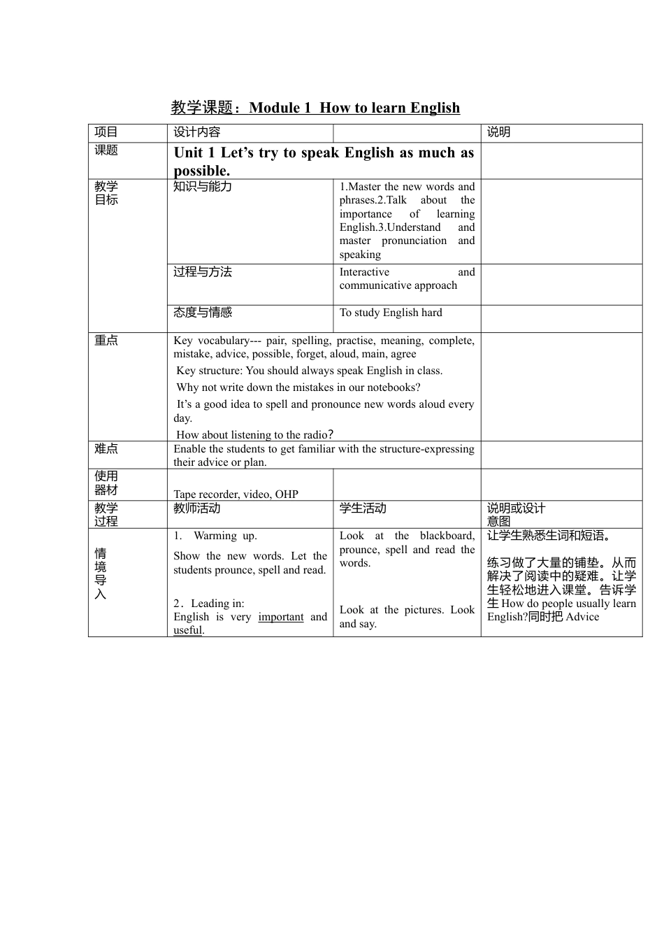 外研版八年级上册教案Module 1 Unit 1 Let’s try to speak English as much as possible.doc_第1页