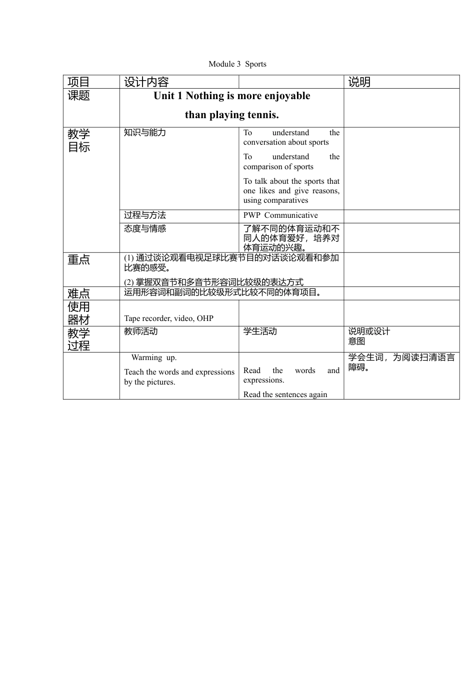 外研版八年级上册教案Module 3 Unit 1 Nothing is more enjoyable.doc_第1页