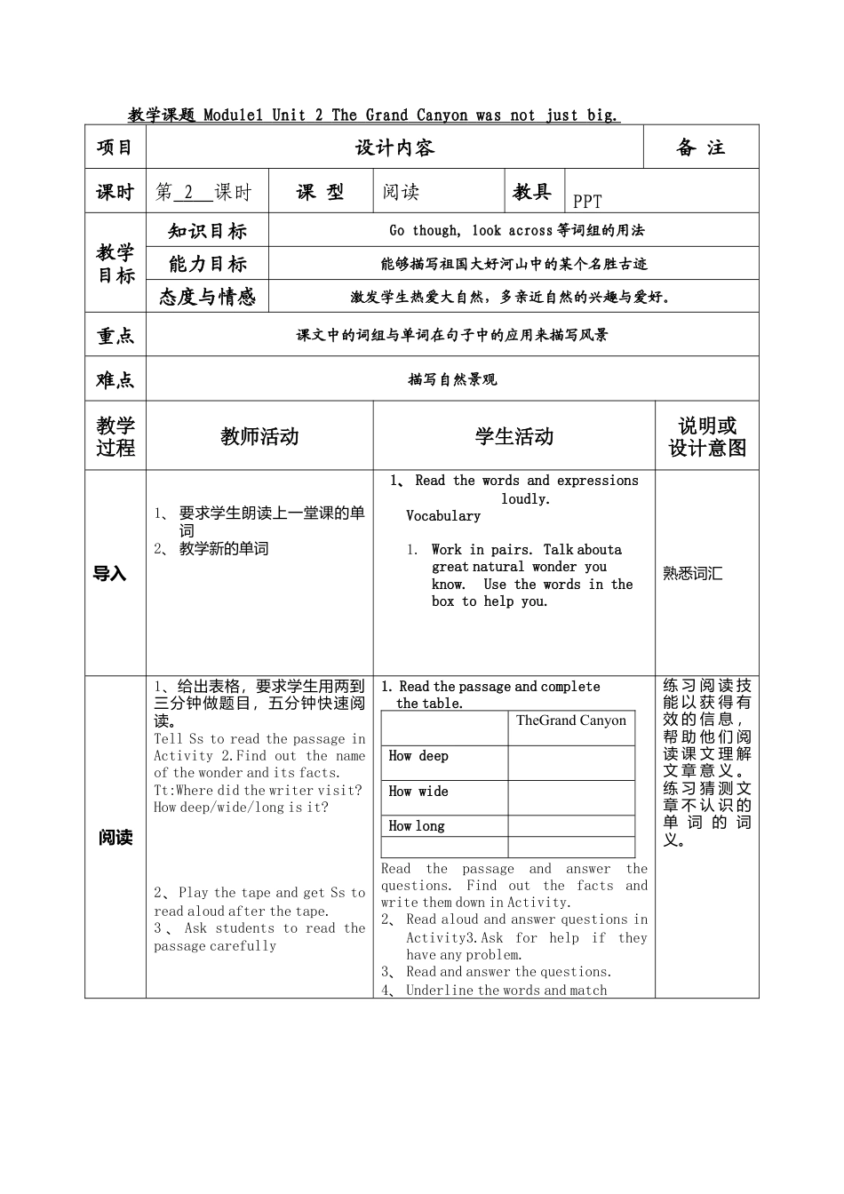 外研版九年级上册教案Module 1 Unit 2 The Grand Canyon was not just big.doc_第1页