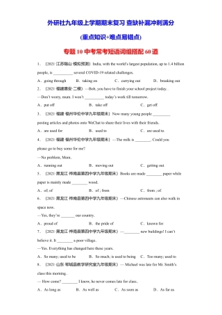 外研版九年级上册试题-专题10 中考常考短语词组搭配60道（名校最新真题）-（外研版）.doc