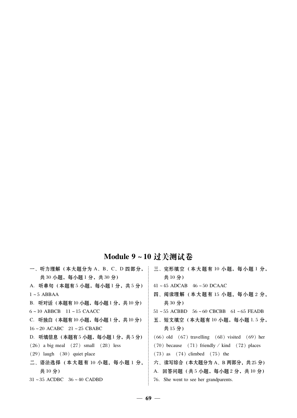 外研版七年级英语下册Module 9~10过关测试卷答案.pdf_第1页