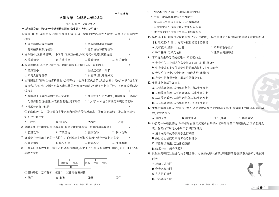 【苏教版】最新八年级（上）生物 洛阳期末考试试卷（苏教版）.pdf_第1页