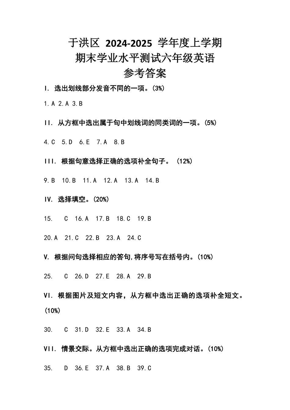 辽宁省沈阳市于洪区24-25学年六年级上学期期末（英语答案）.pdf_第1页