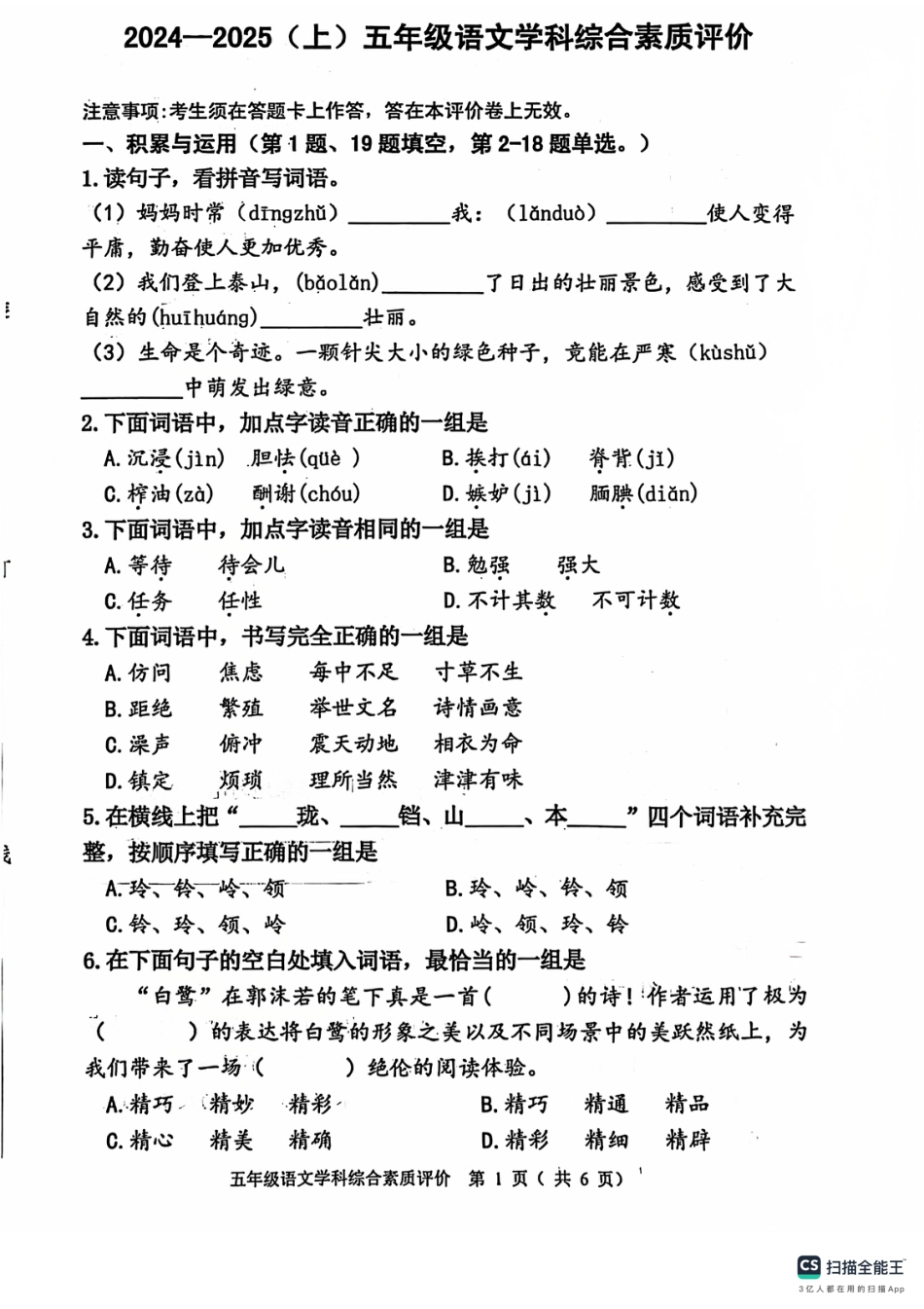 沈阳市浑南区大东区24-25学年五年级上学期期末（语文）.pdf_第1页