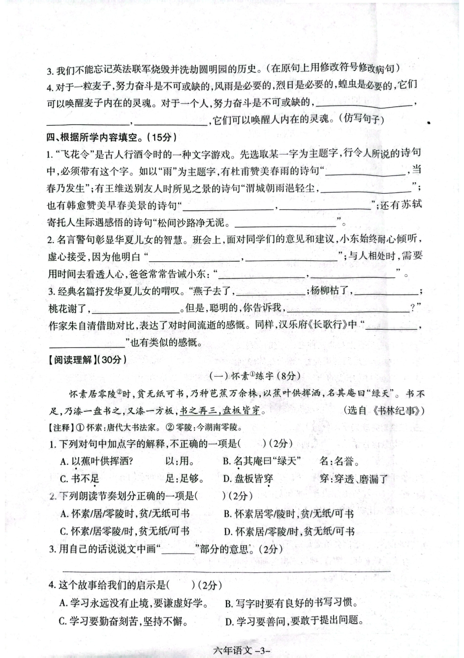 辽宁省沈阳市和平区2024-2025学年六年级下学期期末语文试题.pdf_第3页