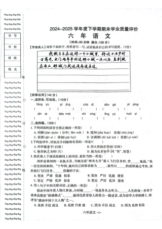 辽宁省沈阳市和平区2024-2025学年六年级下学期期末语文试题.pdf