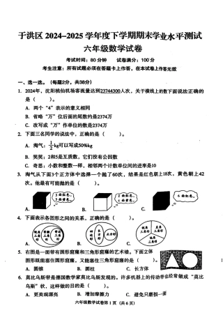 辽宁省沈阳市于洪区2024-2025学年六年级下学期期末数学试题.pdf