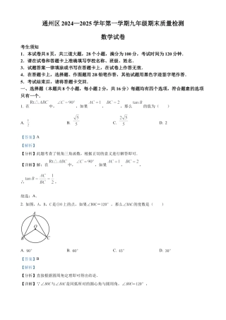 北京市通州区2024-2025学年九年级上学期期末考试数学试题（解析版）.docx