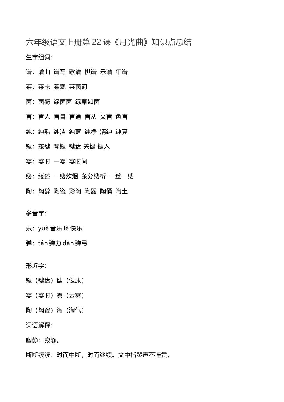 部编版六年级（上）语文第22课《月光曲》重点及主题归纳.docx_第1页