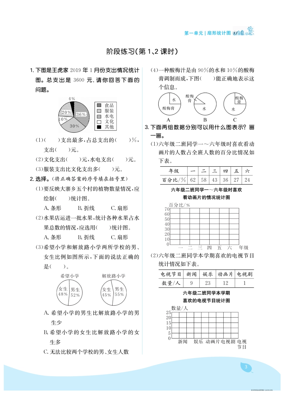 六年级下册苏教版第一单元扇形统计图（课时练习）.pdf_第3页
