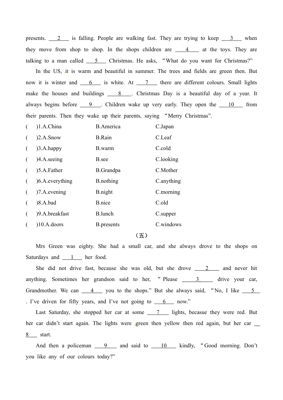 六年级上册英语期末专项训练（四）完形填空 译林版（word版，含答案）.docx_第3页