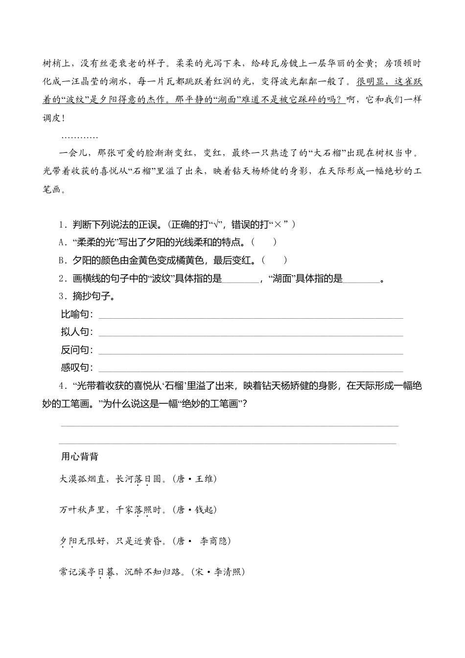 苏教版小学六年级语文下册第1单元课时同步练习-2三亚落日（2）附答案.doc_第2页