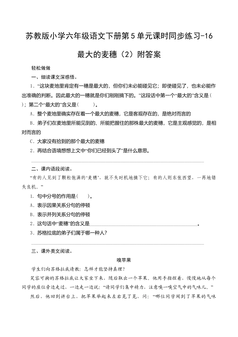 苏教版小学六年级语文下册第5单元课时同步练习-16最大的麦穗（2）附答案.doc_第1页