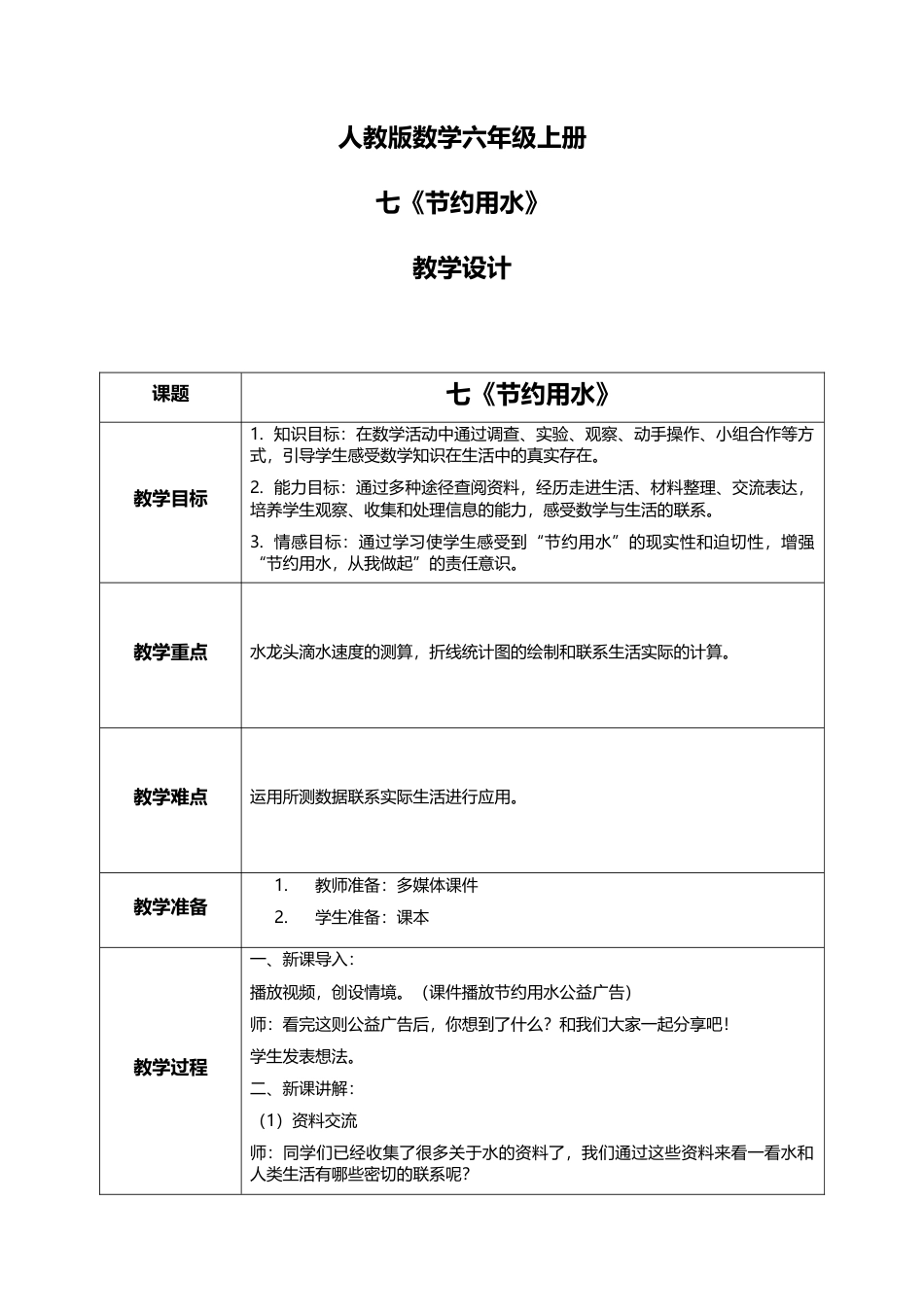 人教版小学数学六年级上册《节约用水》教学设计.docx_第1页