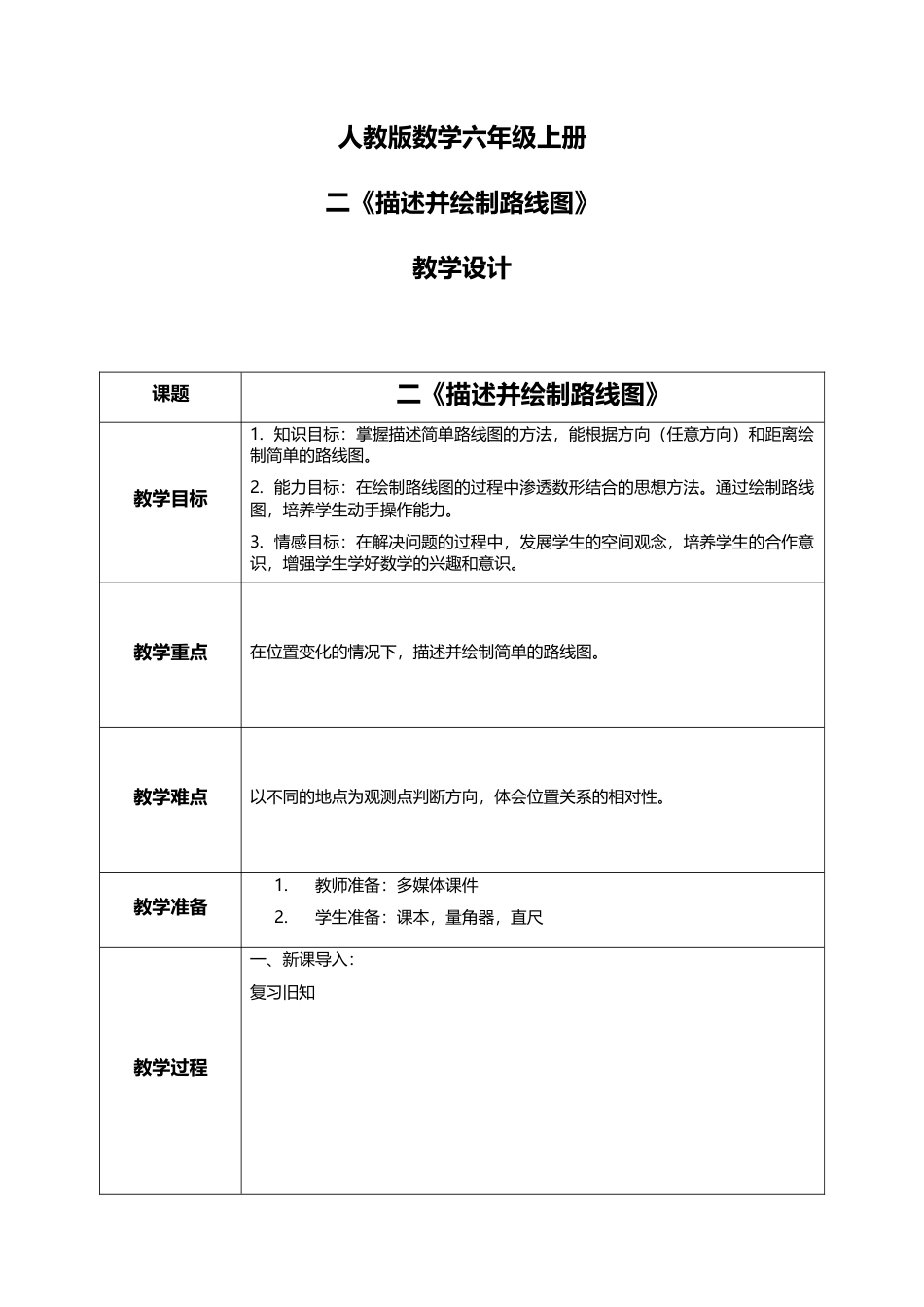 人教版小学数学六年级上册2.3《描述并绘制路线图》教学设计.docx_第1页