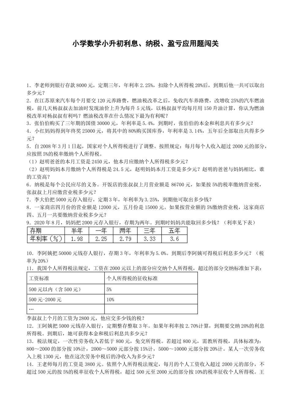 小升初数学一课一练-利息、纳税、盈亏应用题闯关-通用版.docx_第1页