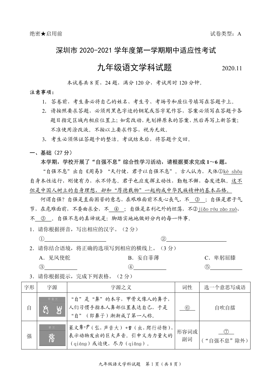 2020-2021学年深圳市初三中考适应性考试语文试卷（含答案解析）.pdf_第1页