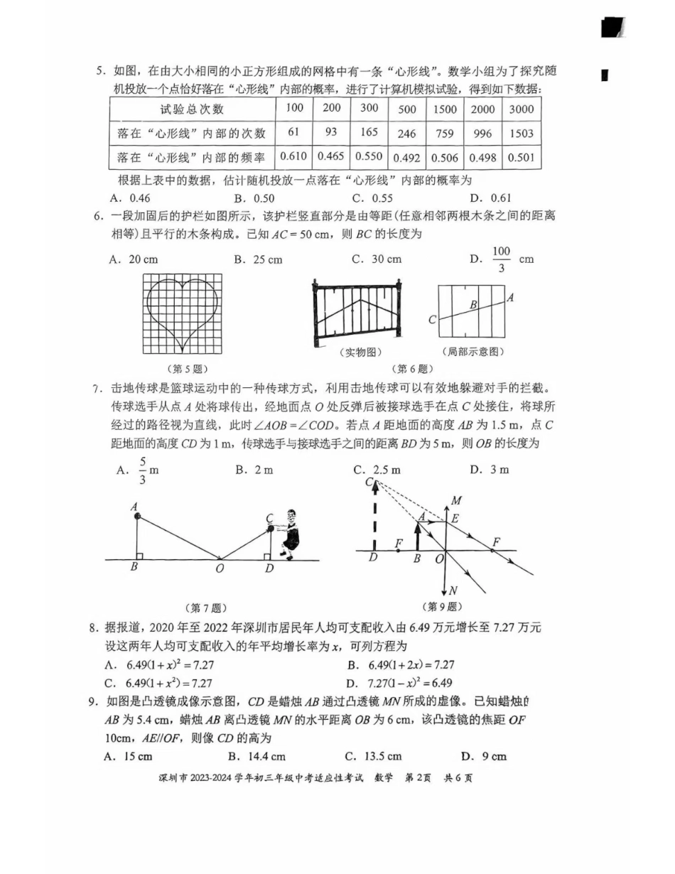 2023-2024学年深圳市初三中考适应性考试数学试卷（含答案解析）.pdf_第2页
