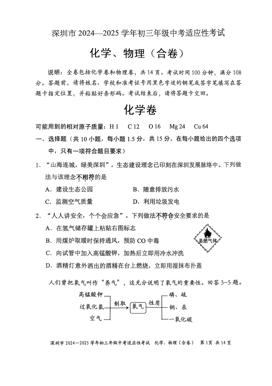 2024-2025学年深圳市初三中考适应性考试化学试卷（含答案解析）.pdf_第1页