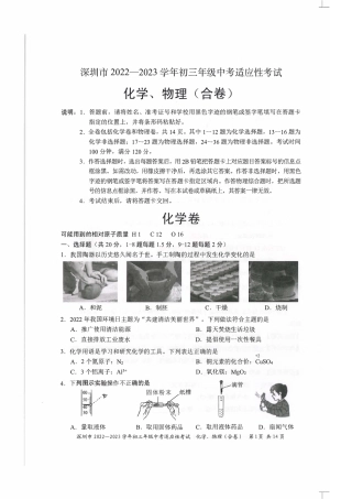 2022-2023学年深圳市初三中考适应性考试化学试卷（含答案解析）.pdf