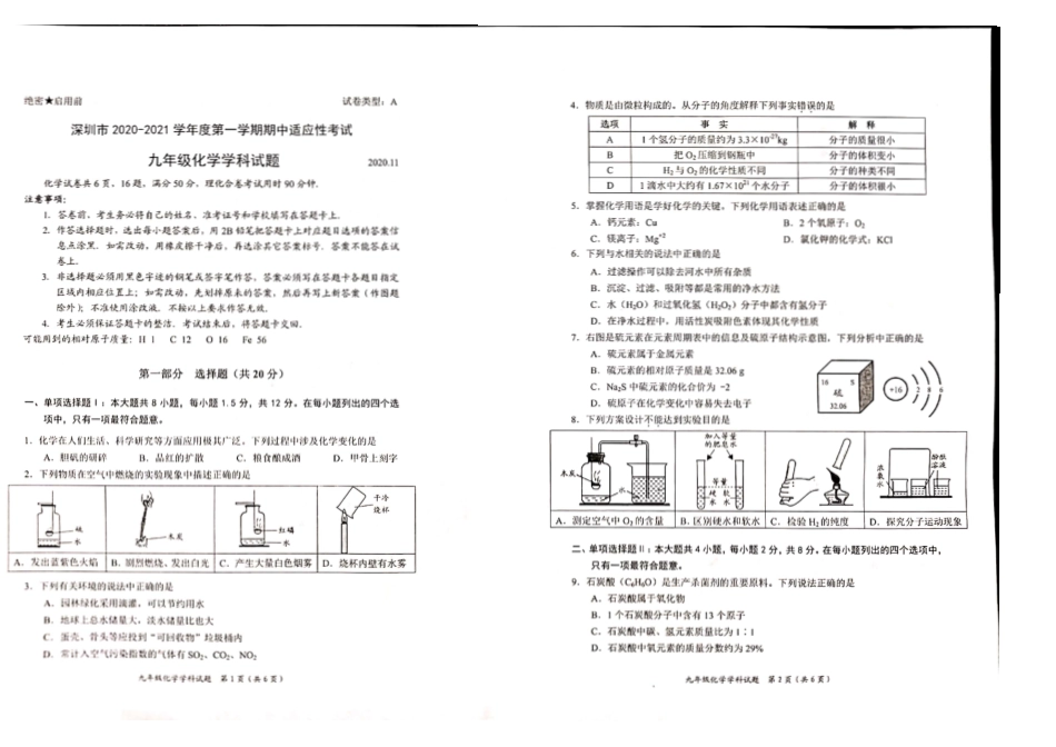 2020-2021学年深圳市初三中考适应性考试化学试卷（含答案解析）.pdf_第1页