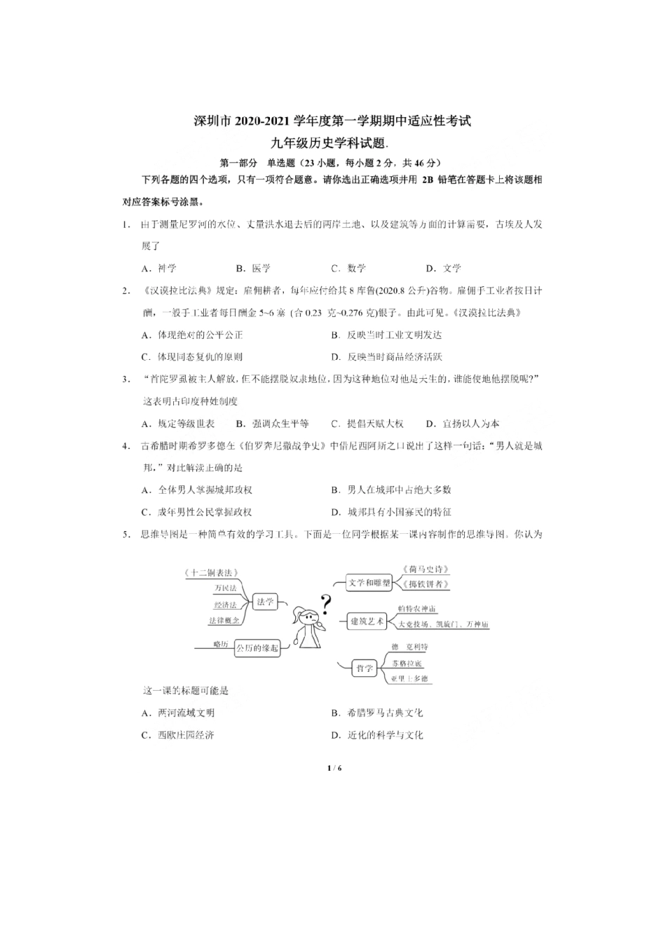 2020-2021学年深圳市初三中考适应性考试历史试卷（含答案解析）.pdf_第1页