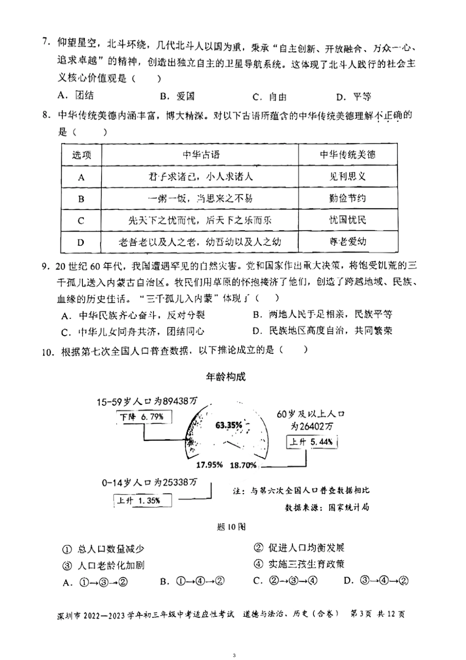 2022-2023学年深圳市初三中考适应性考试道法试卷（含答案解析）.pdf_第3页