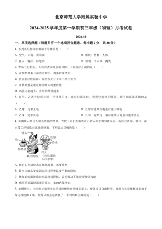 北京师范大学附属实验中学2024-2025学年九年级上学期10月月考物理试题（含答案解析）.docx