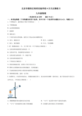 北京市朝阳区将府实验学校2024-2025学年九年级上学期9月月考物理试题（含答案解析）.docx