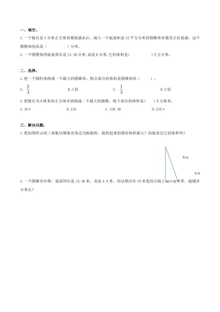 北京版数学六年级下-课时练习题-1.9 圆锥的体积.docx