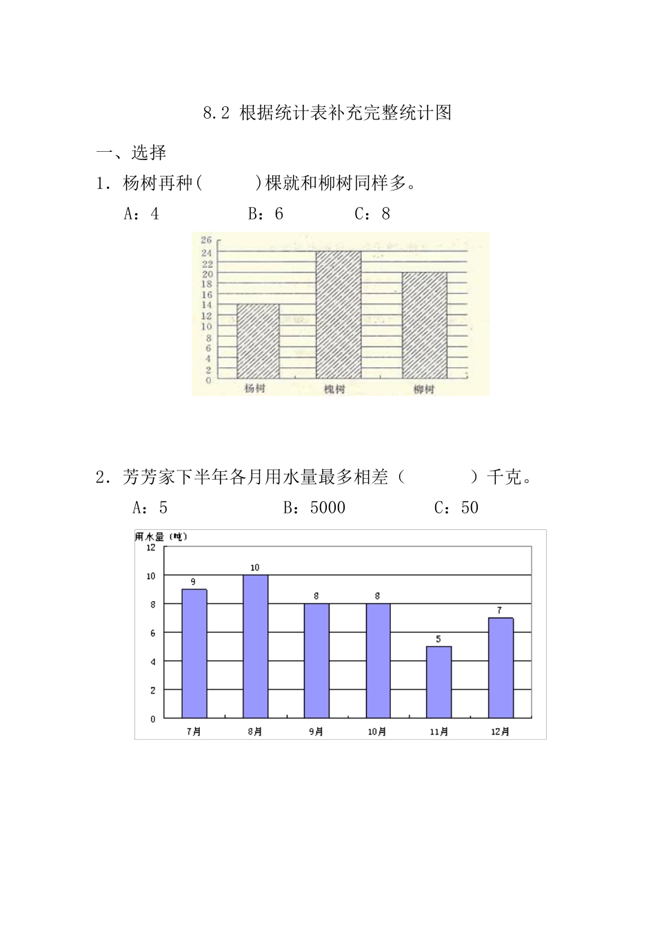 北京版数学四年级上-课时练习题-8.2 根据统计表补充完整统计图.docx_第1页
