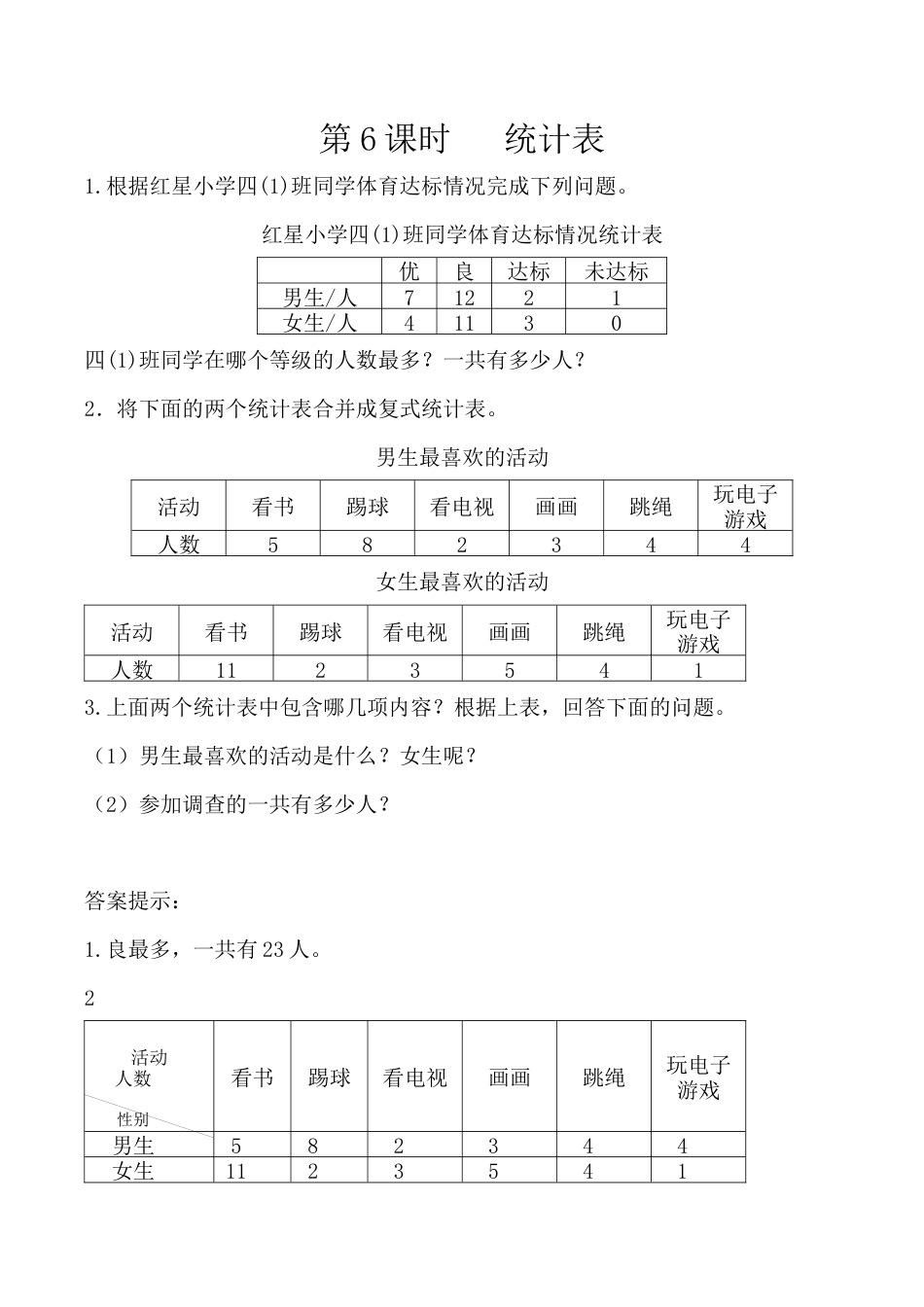 北京版数学四年级下-课时练习题-9.6 统计表.docx_第1页