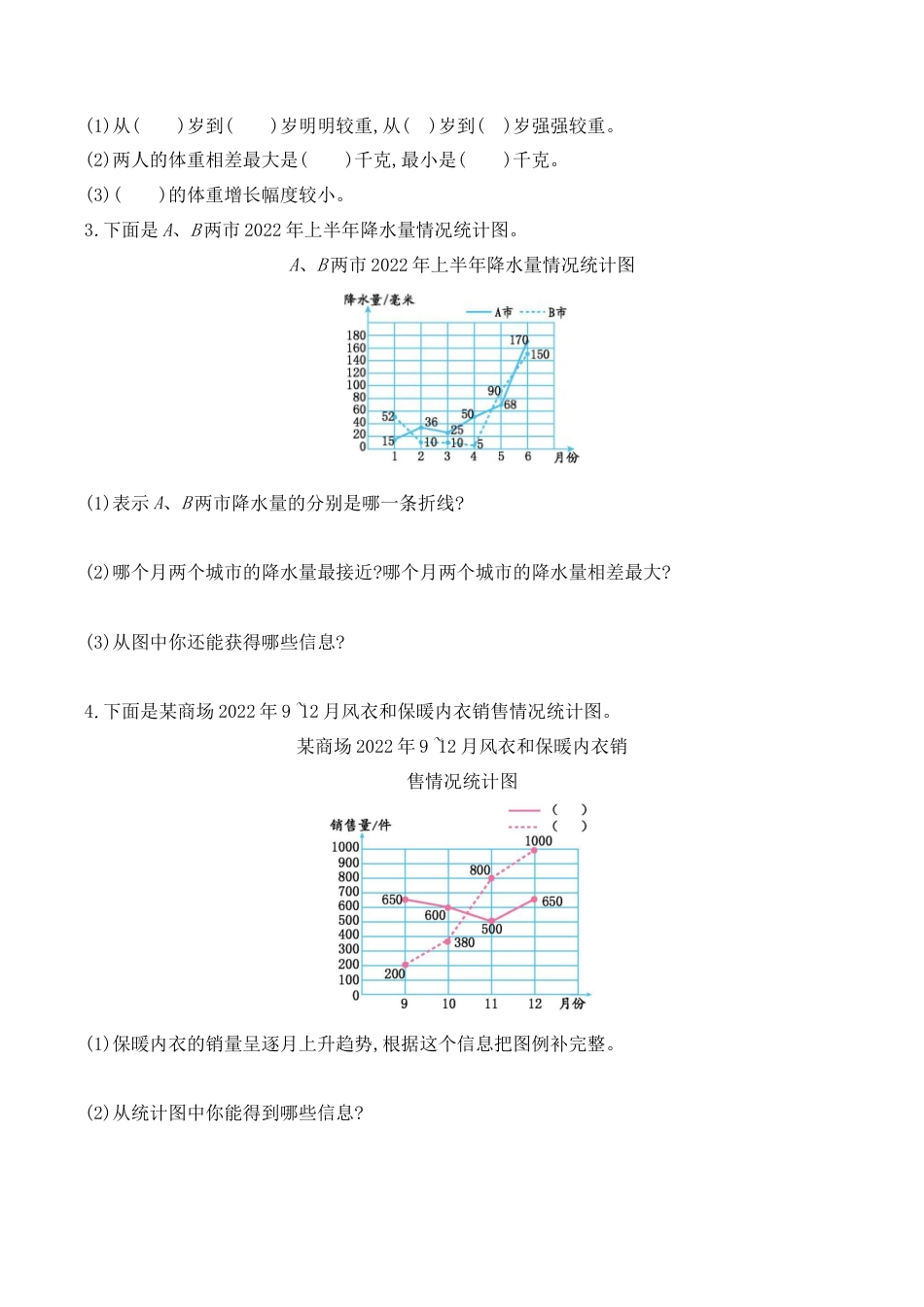 北京版数学五年级下-课时练习题-7.5 折线统计图和可能性.docx_第3页