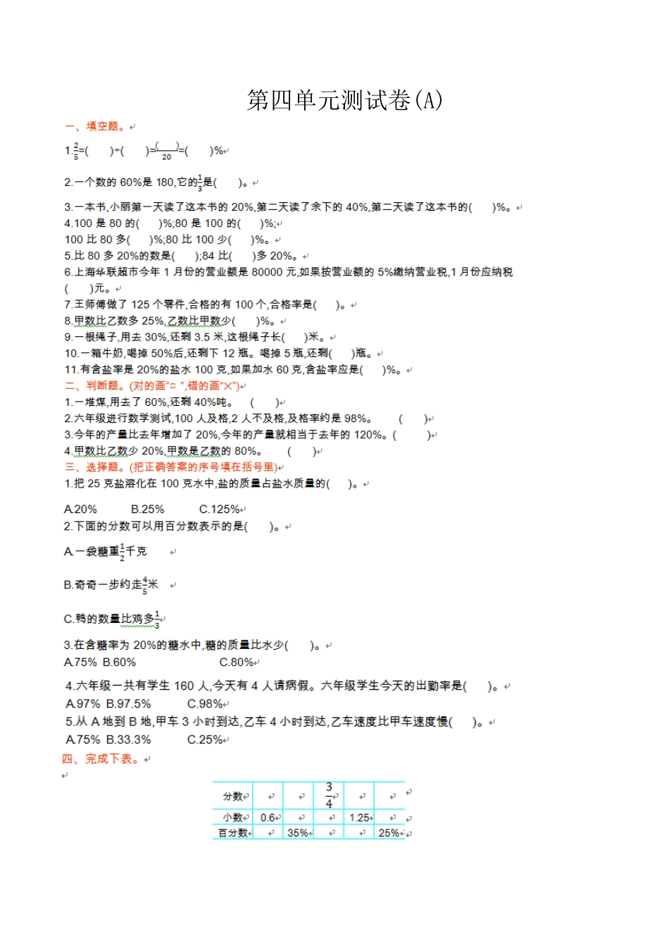 北京版小学数学六年级上册_第4单元测试卷(A)（含答案）.docx_第1页
