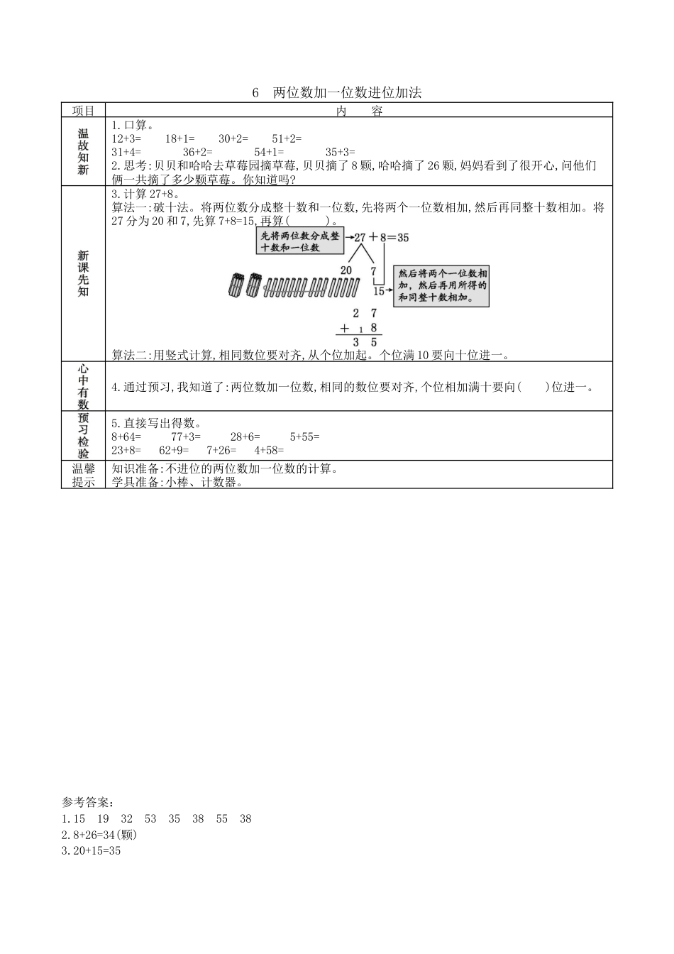 北京版小学数学一年级下-2.6. 两位数加一位数进位加法.docx_第1页