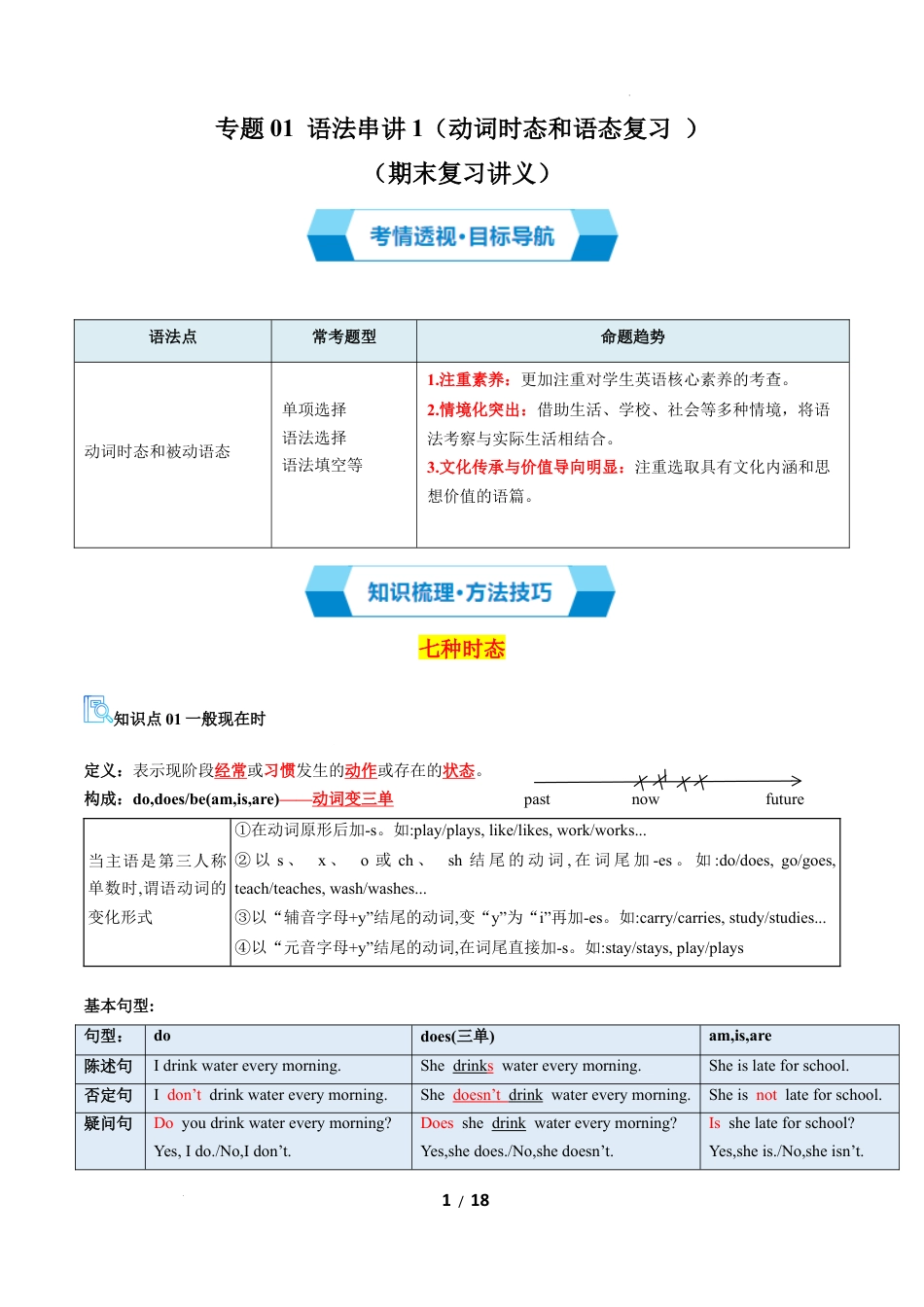 人教版2026年初中九年级英语上学期-专题01 语法串讲1（动词时态和语态复习 ）（期末复习讲义）（解析版）.docx_第1页