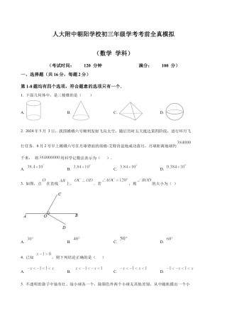 2024年北京市人大附中朝阳学校中考三模数学试题（含答案解析）.docx