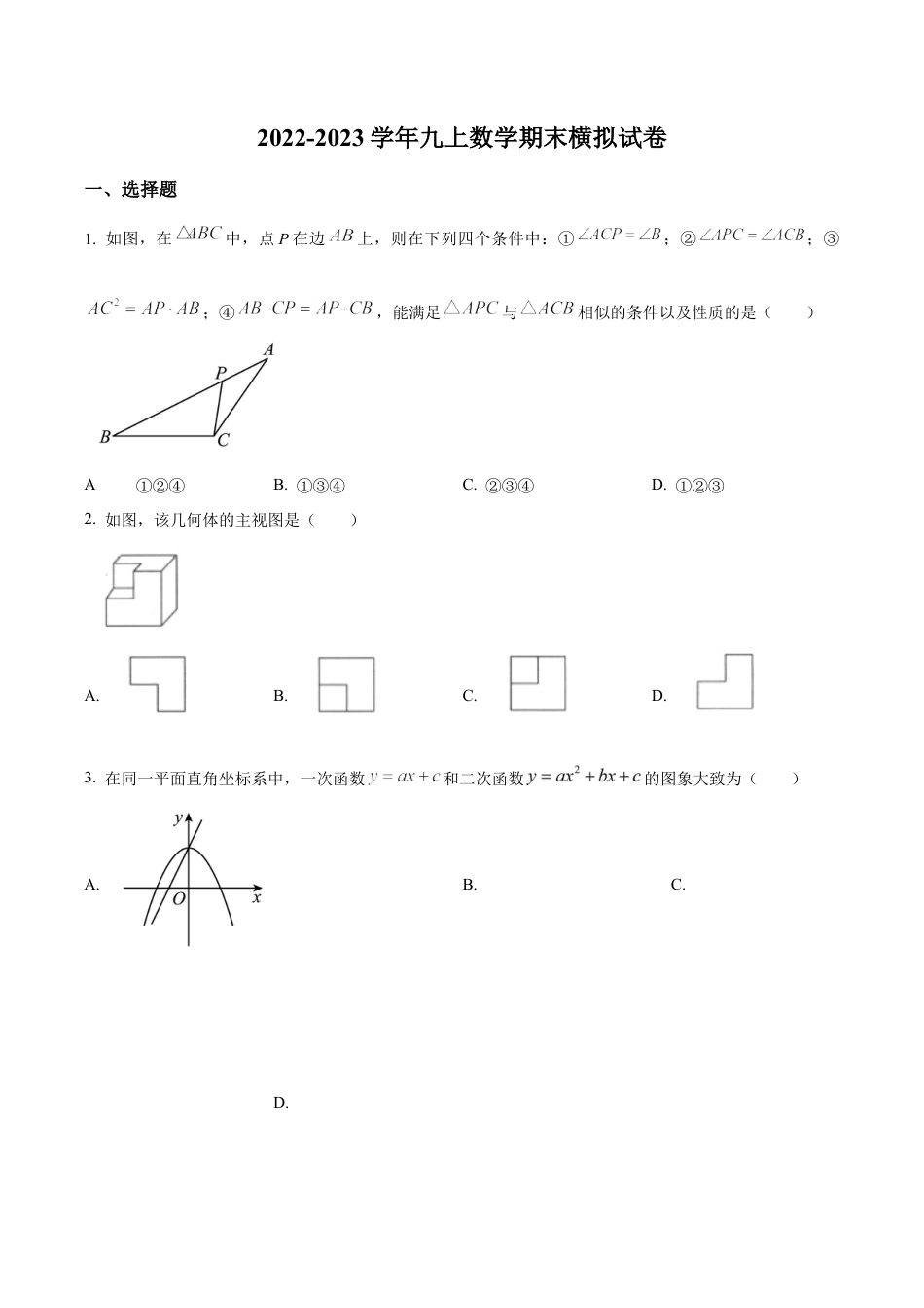 北京师范大学附属中学2022—2023学年九年级上学期期末统考数学模拟试题（含答案解析）.docx_第1页