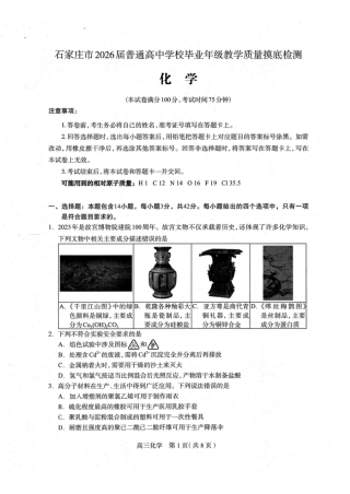河北省石家庄市2026届高三上学期11月教学质量摸底检测化学试卷（含答案）.pdf