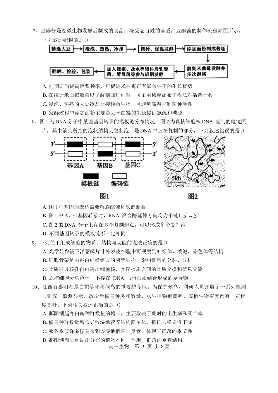 江西省景德镇市2026届高三第一次质量检测生物试卷（含答案）.docx_第3页