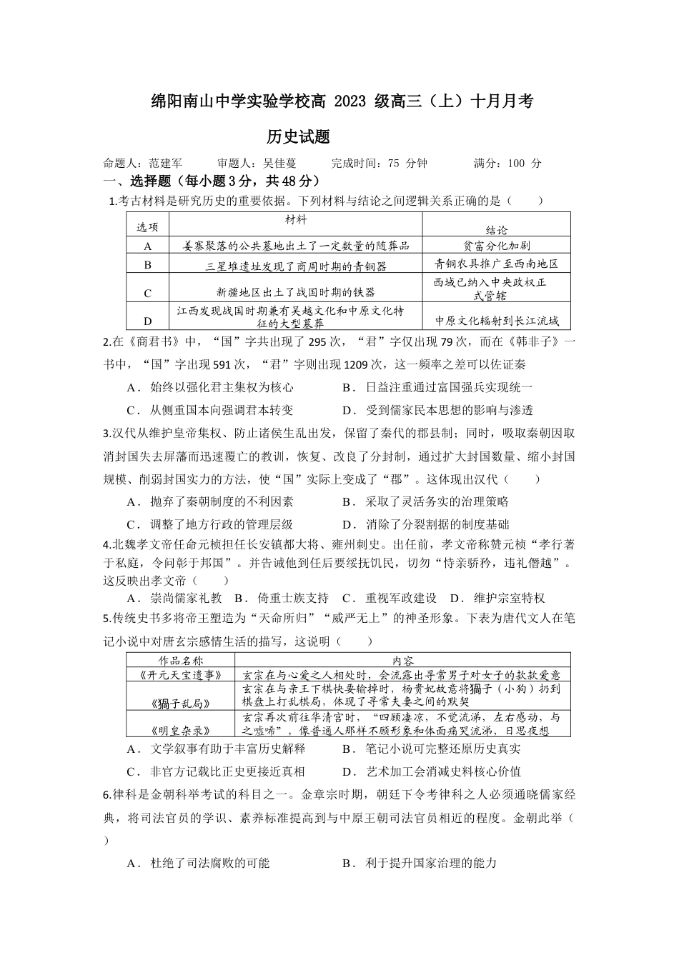 绵阳南山中学实验学校高2023级高三（上）10月月考+历史（含答案解析）.docx_第1页