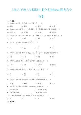 上海六年级上学期期中【夯实基础60题考点专练】-（沪教版）（原卷版）.docx