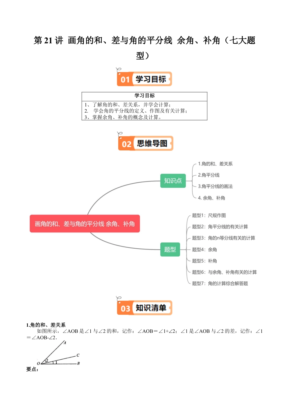 数学六年级上册-第21讲 画角的和、差与角的平分线  余角、补角（七大题型）（学生版）.docx_第1页