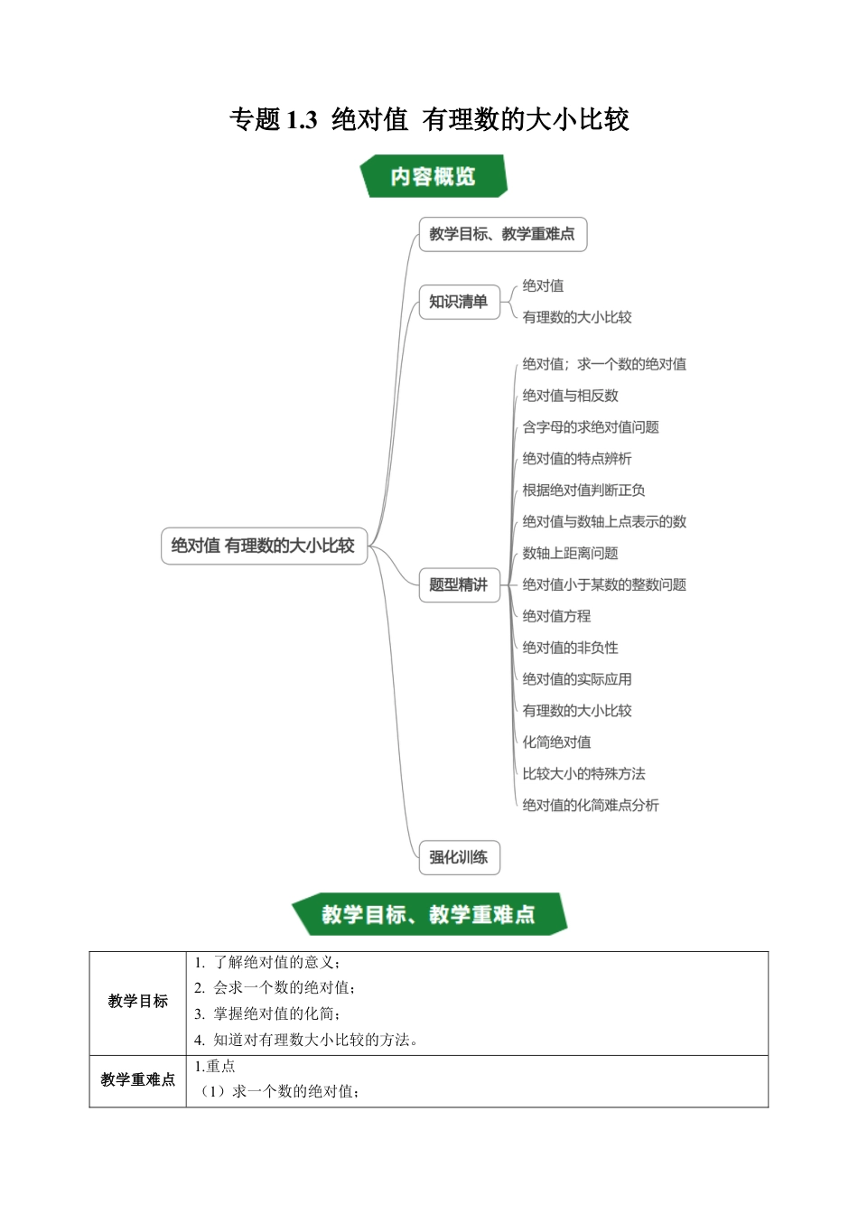数学六年级上册-专题1.3 绝对值 有理数的大小比较（高效培优讲义）（学生版）.docx_第1页