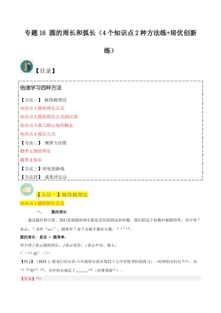 数学六年级上册-专题16 圆的周长和弧长（4个知识点2种方法练+培优创新练）（教师版）.docx1.docx
