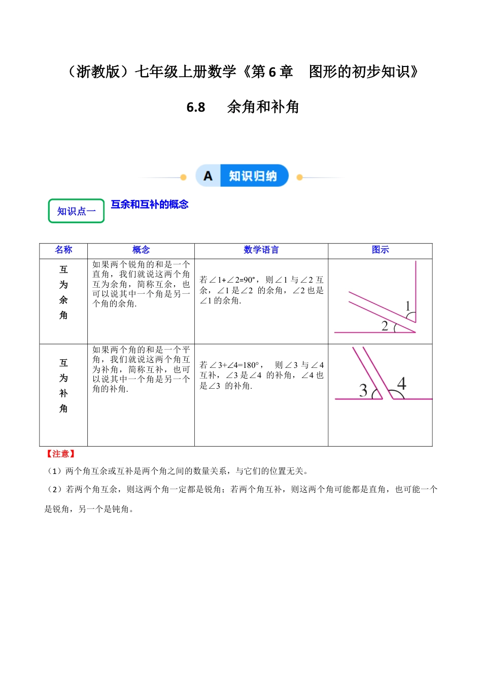 初中七年级数学上册-6.8余角和补角（5大题型题分练）（无答案）.docx_第1页