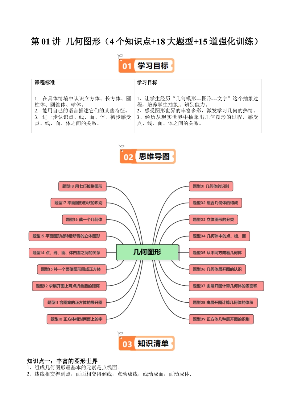 初中七年级数学上册-第01讲 几何图形（4个知识点+18大题型+15道强化训练）（无答案）.docx_第1页