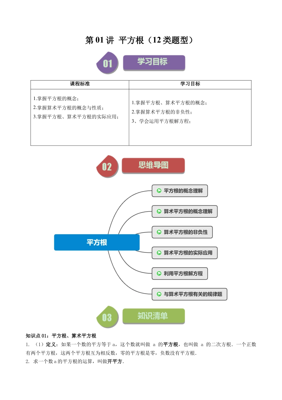 初中七年级数学上册-第01讲 平方根（12类题型）（含解析）.docx_第1页