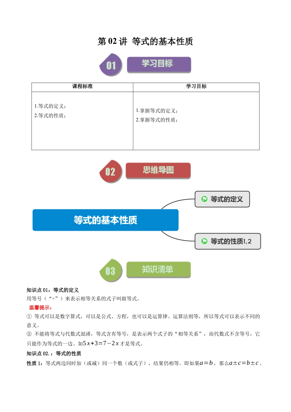 初中七年级数学上册-第02讲 等式的基本性质（无答案）.docx_第1页